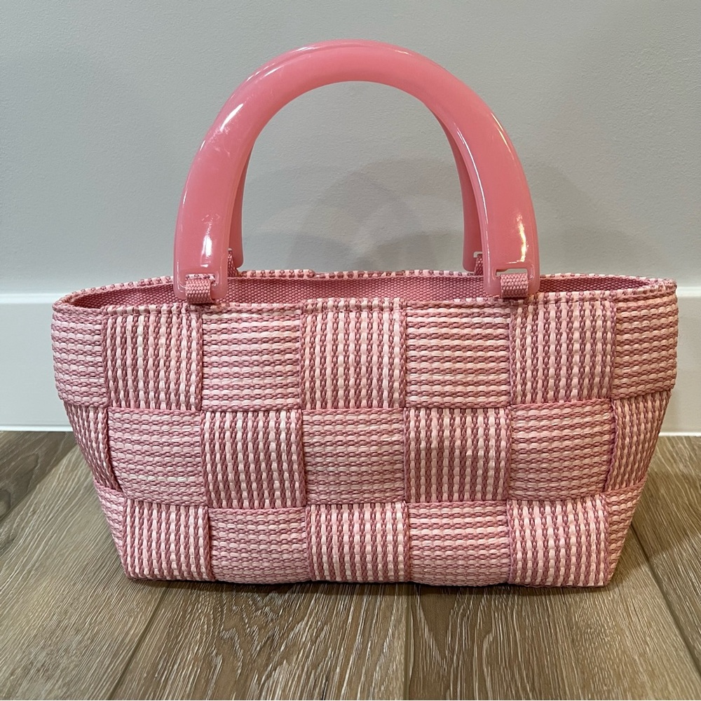 Vintage M&G Bertini Pink Woven Rectangle Tote Bag Double Lucite Handles Italy